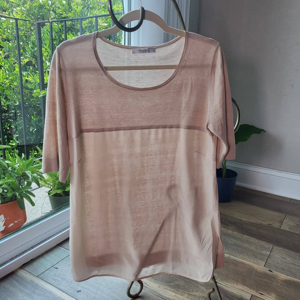 Max Mara Womens Light Pink Mixed Media Knit Woven Scoop Neck Top Blouse Size M - Picture 2 of 13